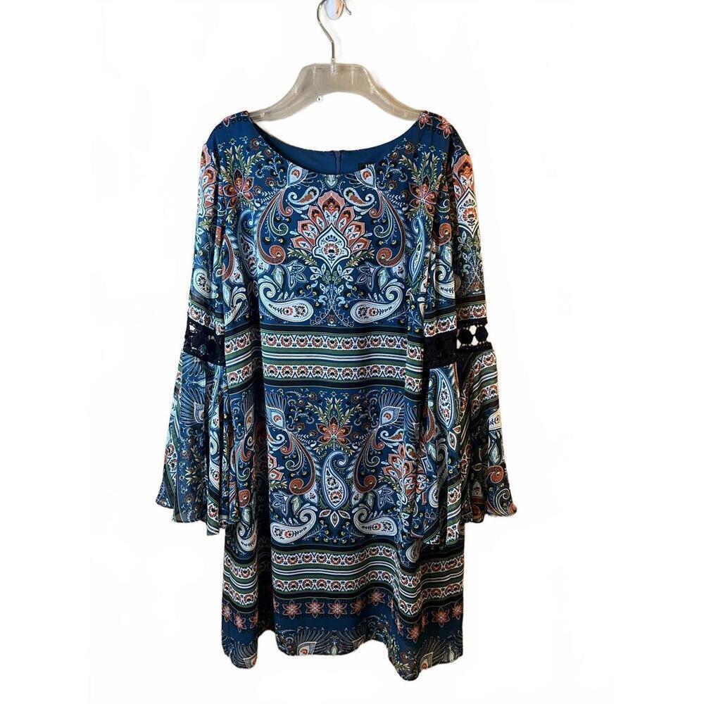 MSK Long Flared Bell Sleeve Shift Dress Crochet Details Size X-Large Boho Artsy